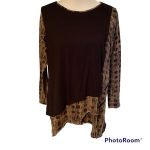 COMFY USA TOP TUNIC TEE BLACK BROWN LONG SLEEVE HIGH LOW HEM LAYERS ZIP SIZE M
